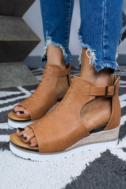 Platform sandals with khaki PU, buckle straps