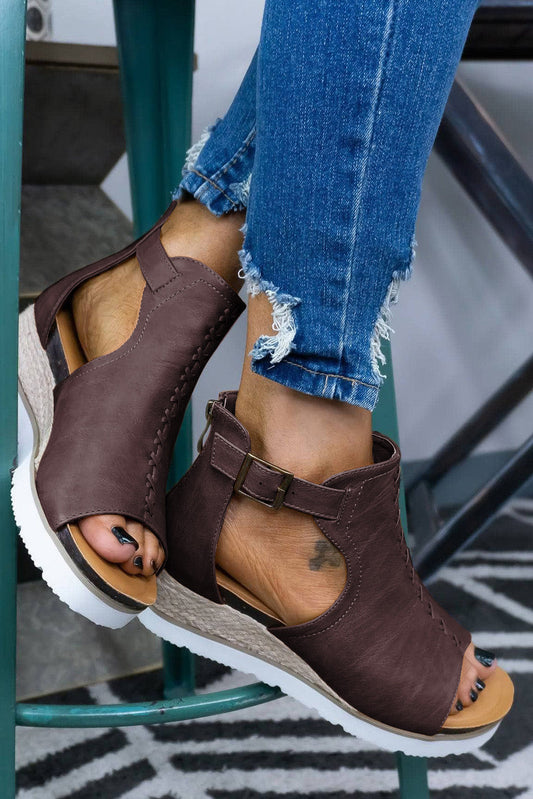 Platform sandals with khaki PU, buckle straps