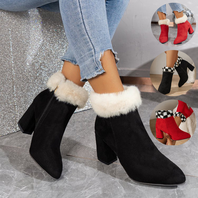 New Plaid Print Plush Ankle Boots Winter Square Heel