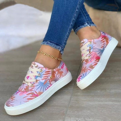 Canvas Women Lace-Up Flats Leaves Print Casual Sneakers