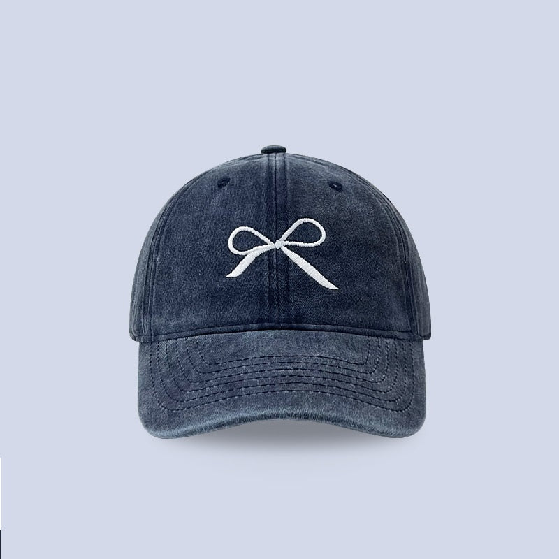 Designer denim peaked cap with bowknot embroidery