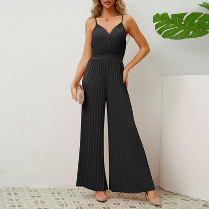 V-neck pleated jumpsuit, loose pants