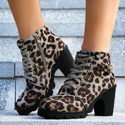 Leopard Ankle Boots Suede Lace-up Zip Versatile Shoes