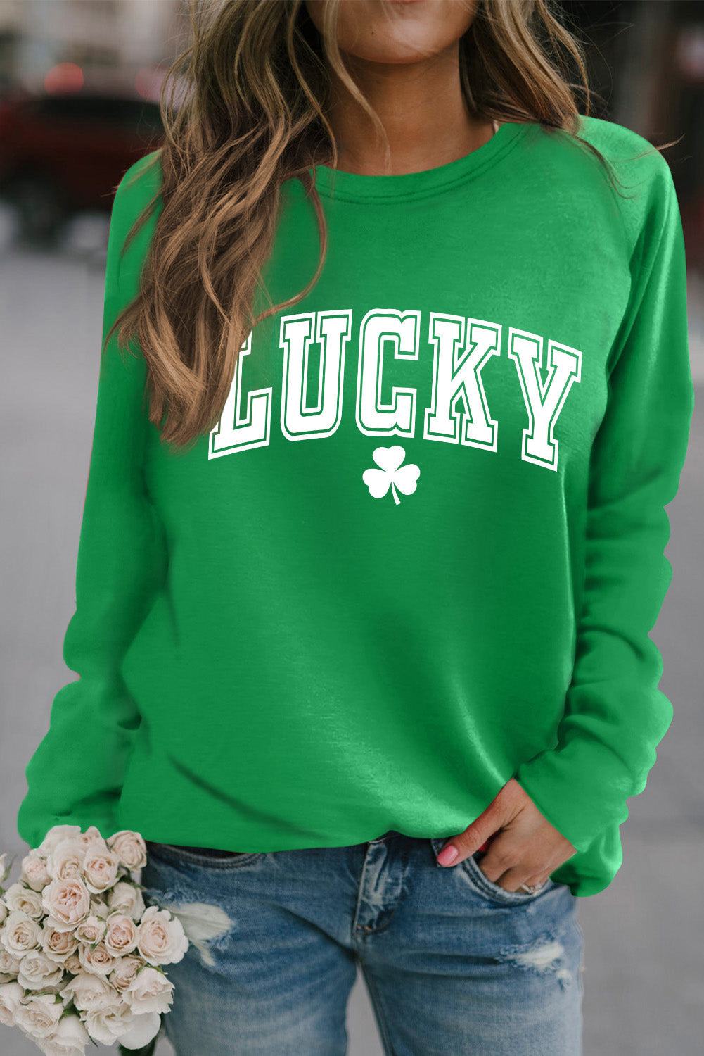 Green raglan sweatshirt with lucky clover