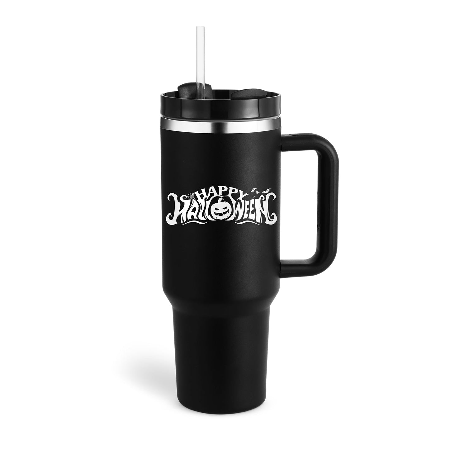 40 oz Stainless steel insulated tumbler with handle and straw.