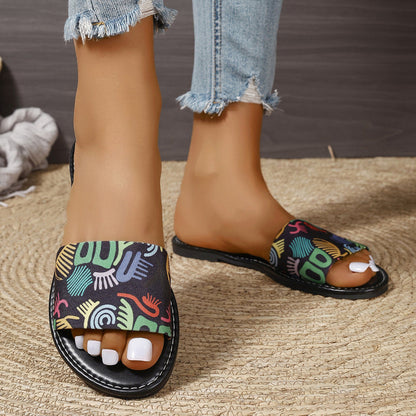 Graffiti Print Sandals Round Toe Flat Beach Slippers