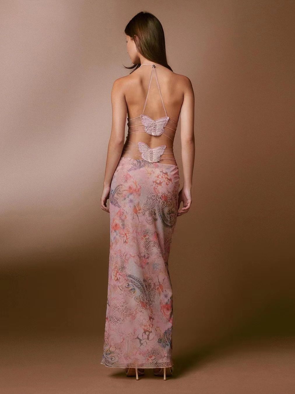 Floral Straps Slim Butterfly Back Dresses