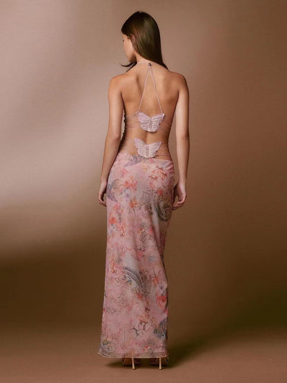 Floral Straps Slim Butterfly Back Dresses