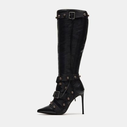 Metal Leathern Pointed Stiletto Heel High Leg Boot Rivet