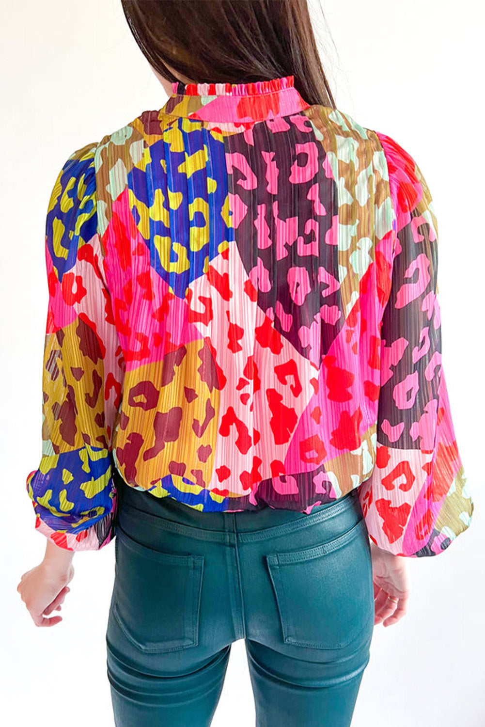 Color block blouse with leopard accents