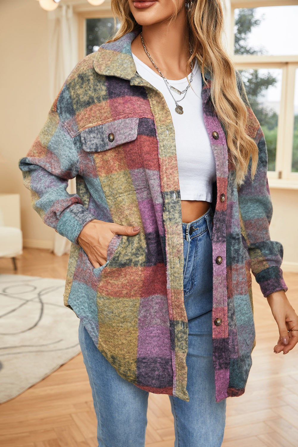 Multicolor oversized shacket, brushed plaid.