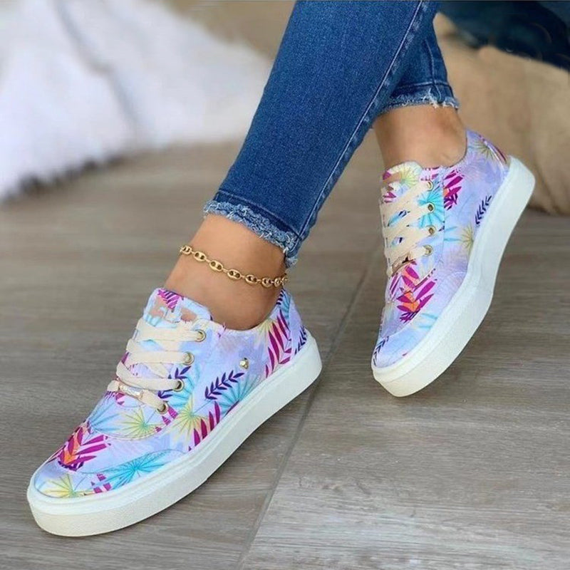 Canvas Women Lace-Up Flats Leaves Print Casual Sneakers