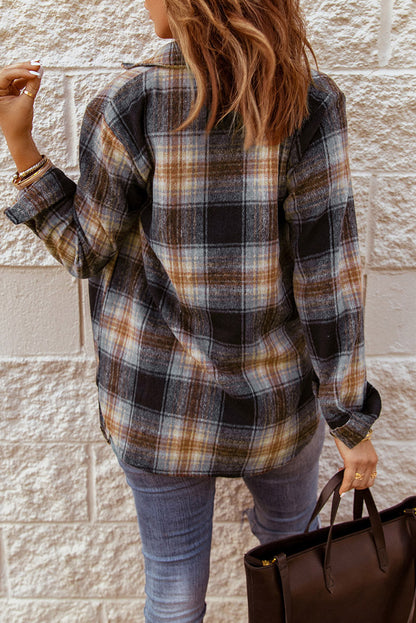 Split button-up shacket, grey-plaid