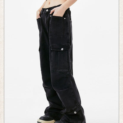 Pocket Pleated Washed Distressed Straight Jeans