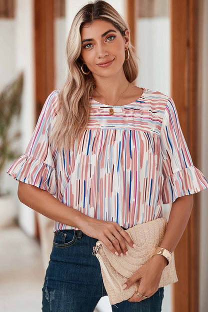 Half-sleeve blouse with striped ruffles