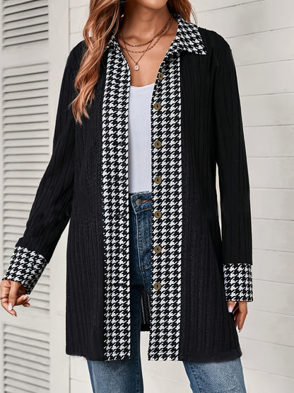 Houndstooth Button Up Long Sleeve Cardigan