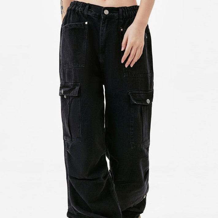 Pocket Pleated Washed Distressed Straight Jeans