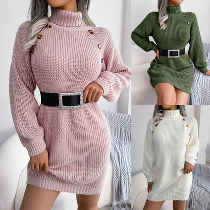 Turtleneck Long Sleeve Sweater Dress With Button Design Leisure Clinch