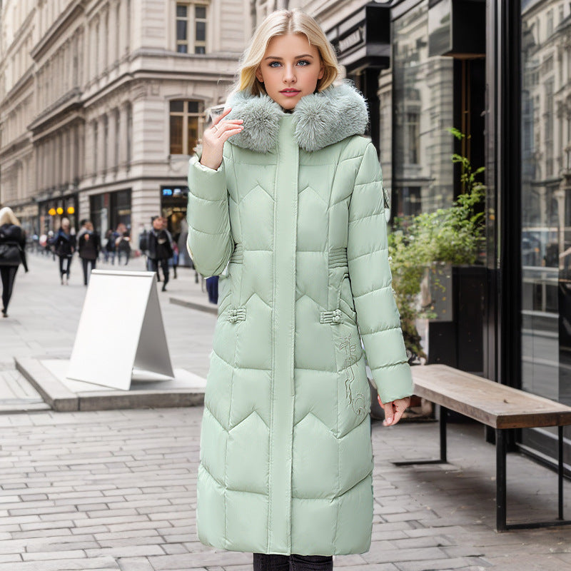 Long Coat With Thickened Fur Collar Straight Slim Cotton-padded Jacket