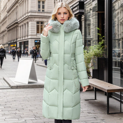 Long Coat With Thickened Fur Collar Straight Slim Cotton-padded Jacket