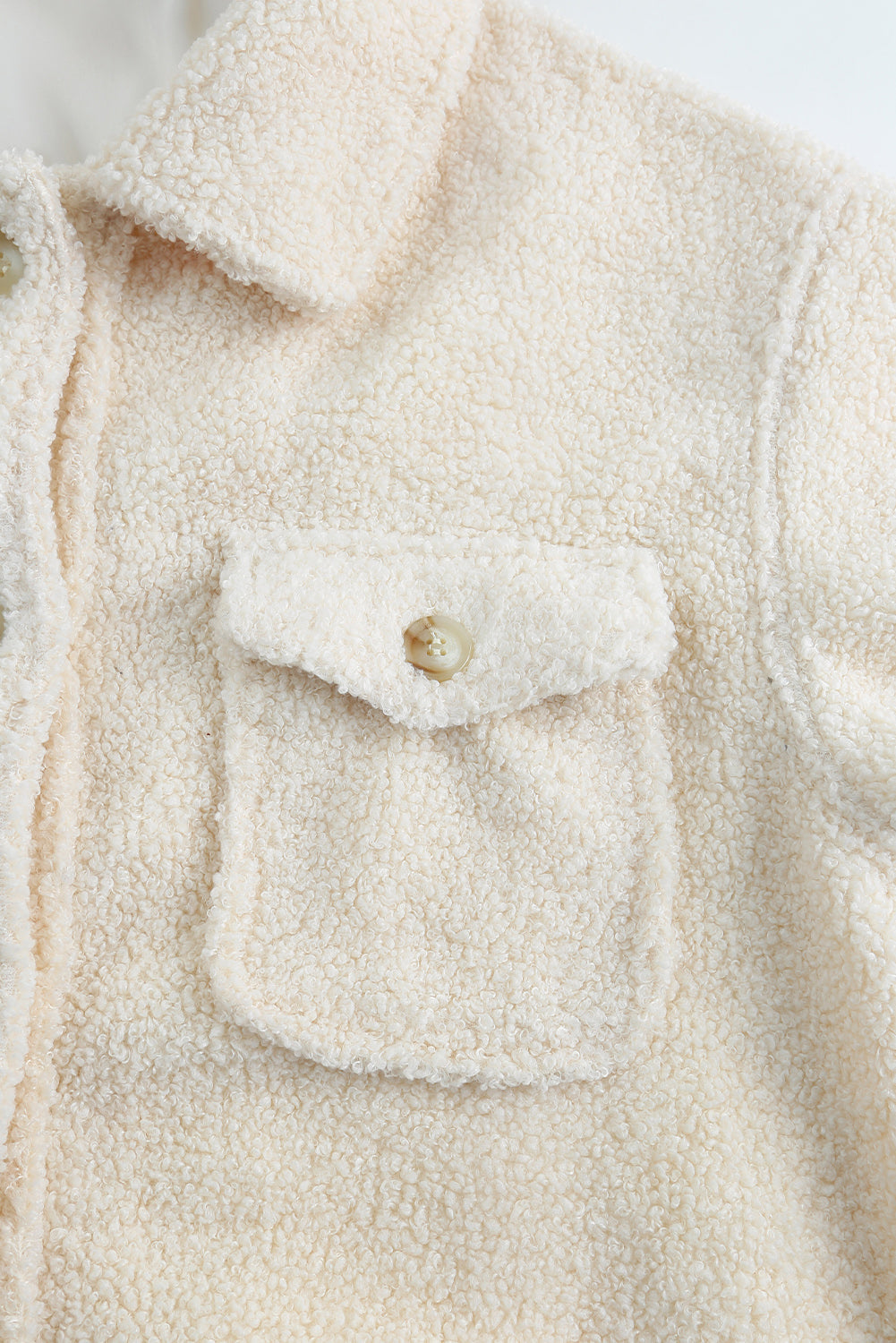 White Flap Pockets Button Front Teddy Coat