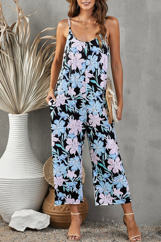 Floral print suspender jumpsuit, pocketed.