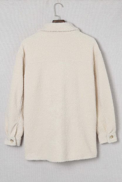 White Flap Pockets Button Front Teddy Coat