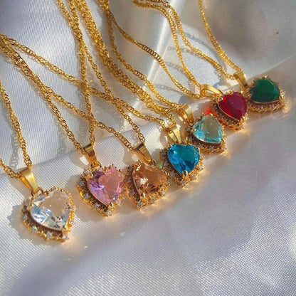 Colorful Rhinestones Heart-shped Necklace Love Gold Clavicle