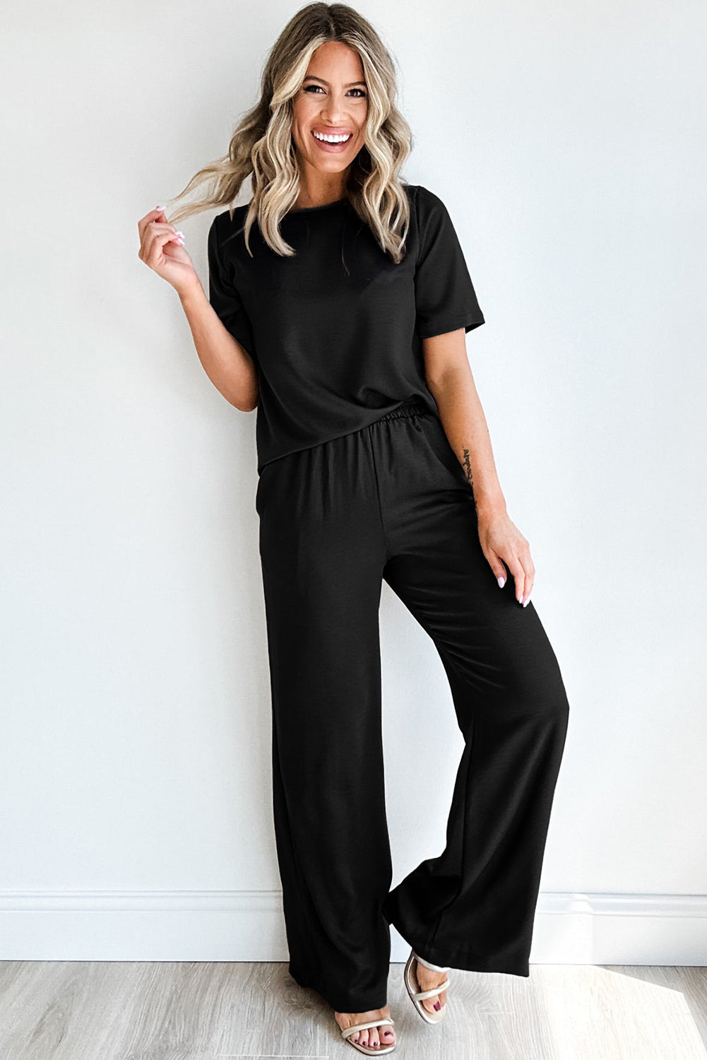 Smoke Gray Solid Color T-Shirt and Wide Leg Pants Set