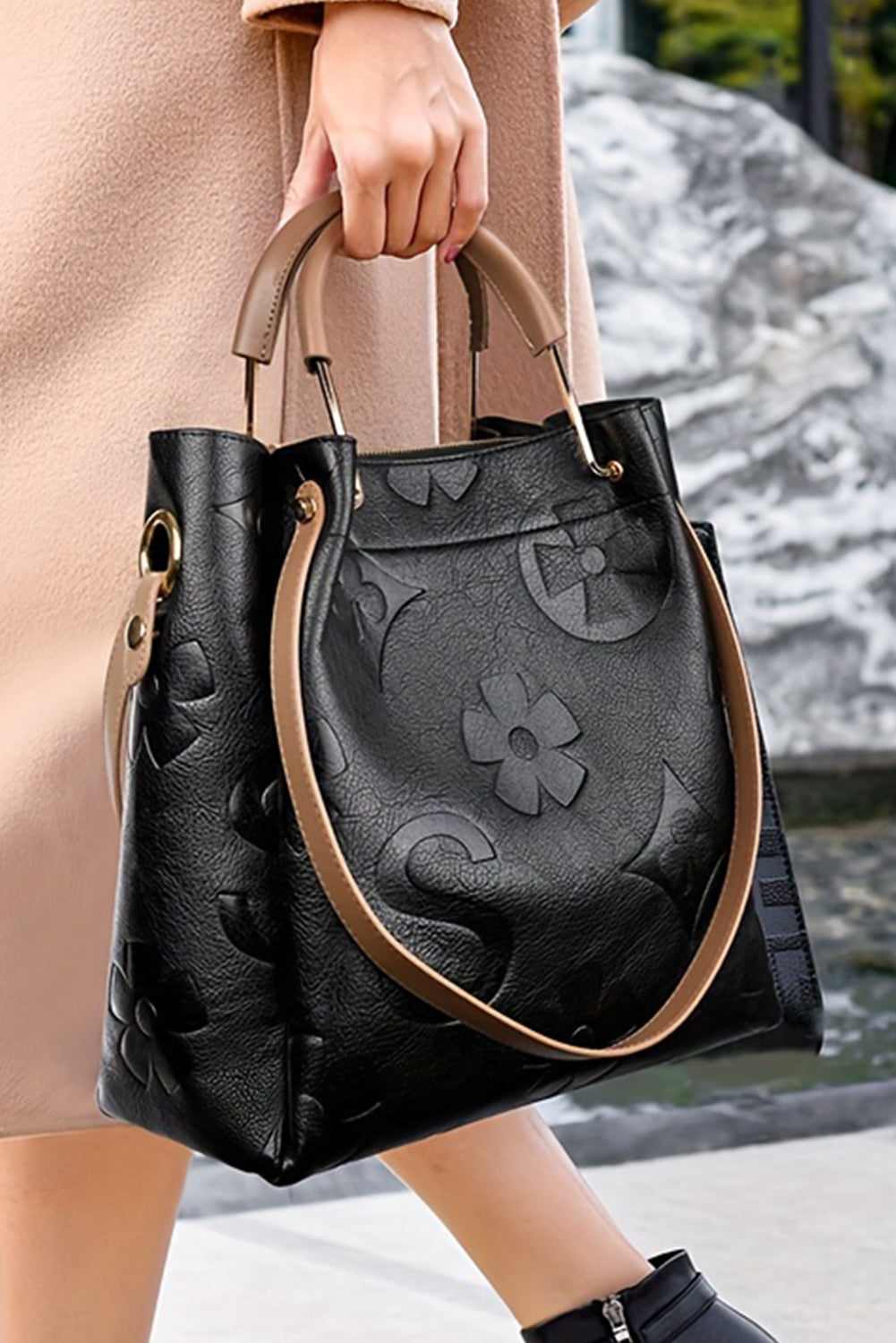 Black Vintage Embossed Leather Shoulder Bag