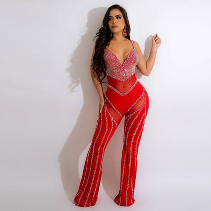 Call it See-through Deep V Rhinestone Jumpsuit -BaaQua