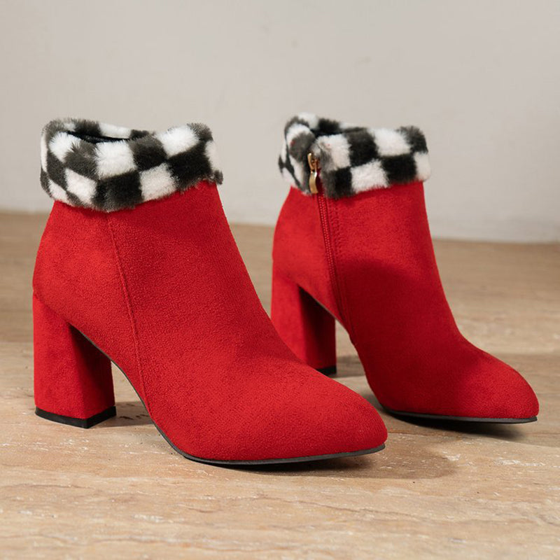 New Plaid Print Plush Ankle Boots Winter Square Heel